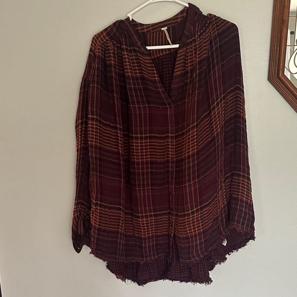 Free People Plaid Button-Up Shirt in Burgundy and Orange